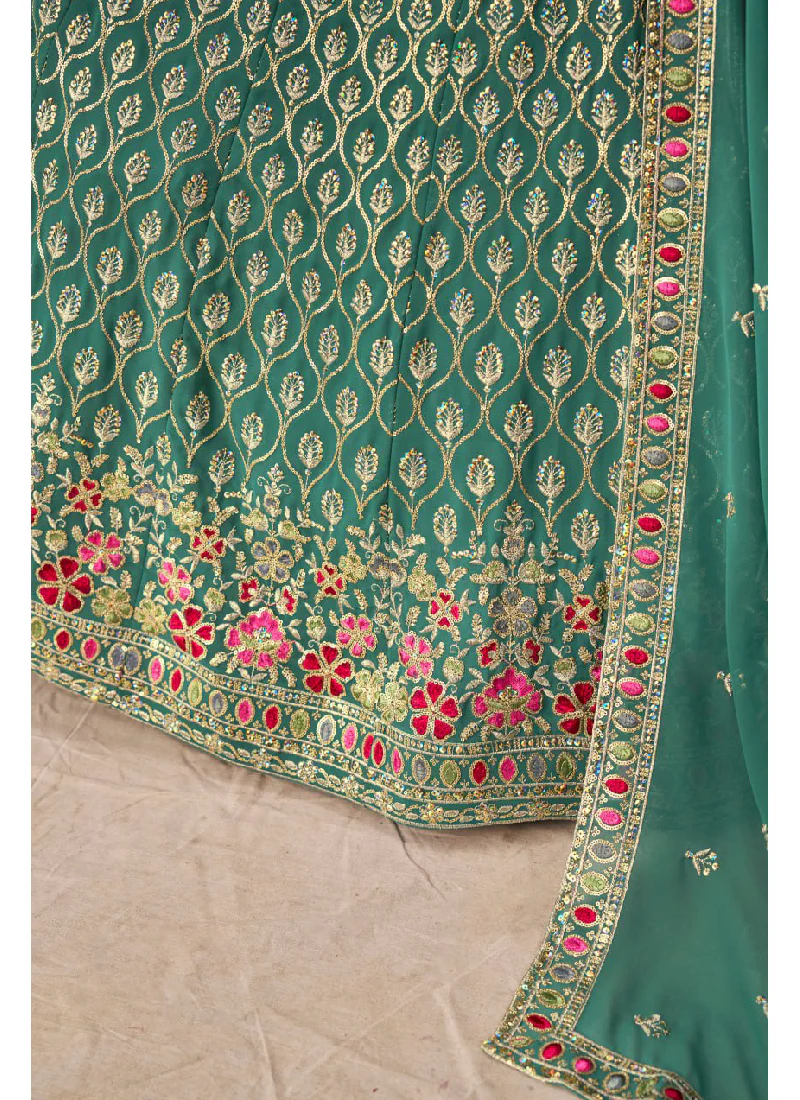 Green Georgette Sequence Embroidered Work Party Wear Lehenga Choli - Image 7