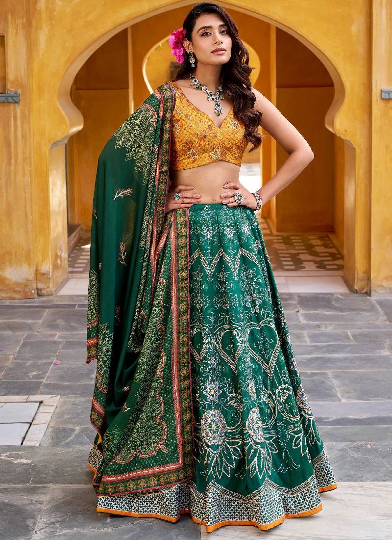 Green Vaishali Silk Printed With Beads Lehenga Choli For Wedding