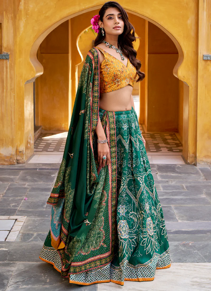 Green Vaishali Silk Printed With Beads Lehenga Choli For Wedding - Image 3