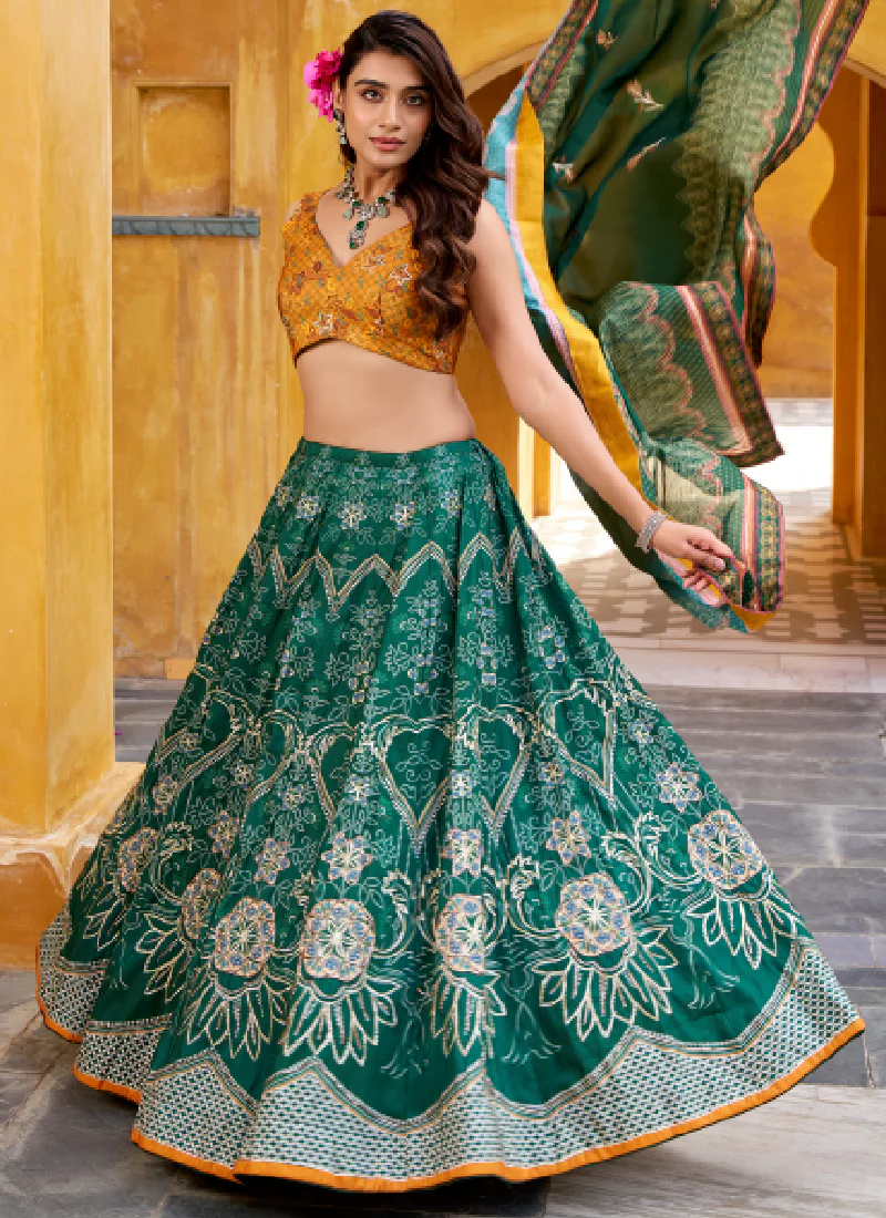Green Vaishali Silk Printed With Beads Lehenga Choli For Wedding - Image 4
