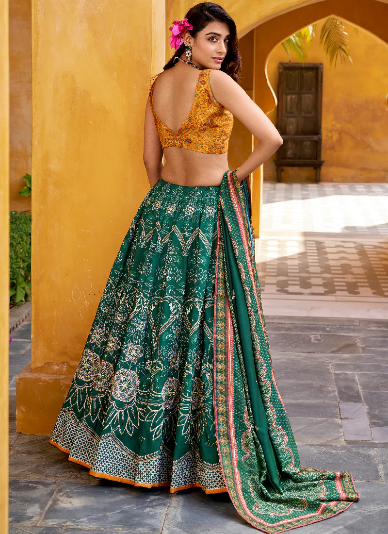 Green Vaishali Silk Printed With Beads Lehenga Choli For Wedding - Image 5