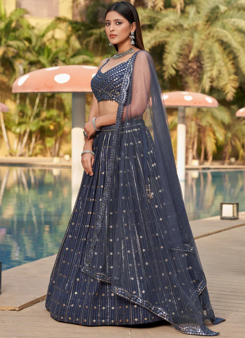 Grey Sequence Embroidered Designer Georgette Lehenga Choli - Image 4