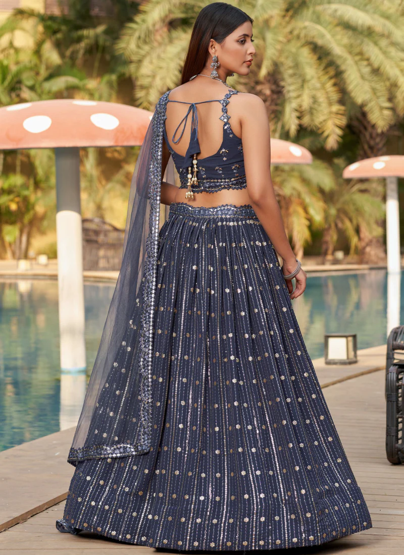 Grey Sequence Embroidered Designer Georgette Lehenga Choli - Image 5