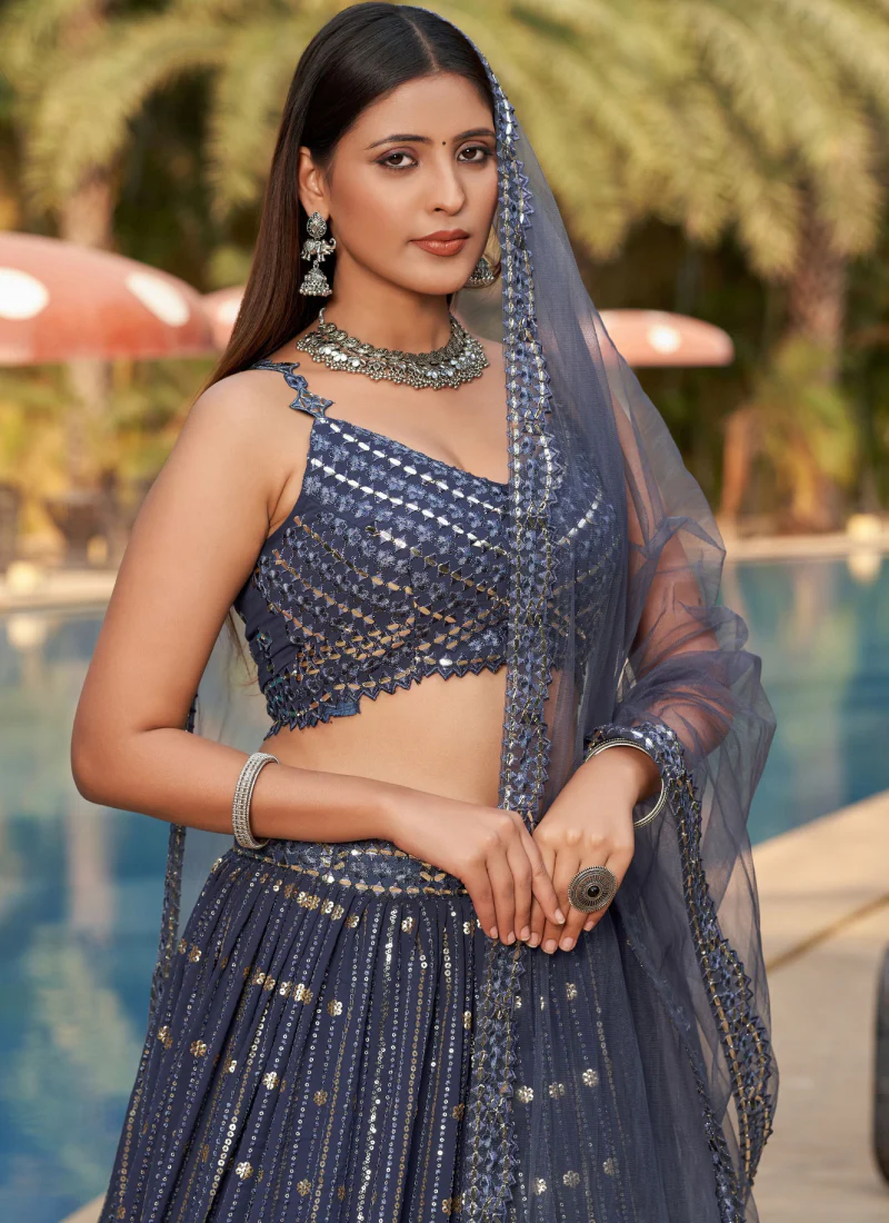 Grey Sequence Embroidered Designer Georgette Lehenga Choli - Image 6