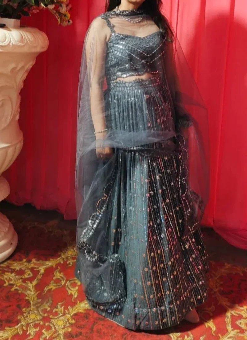 Grey Sequence Embroidered Designer Georgette Lehenga Choli - Image 9
