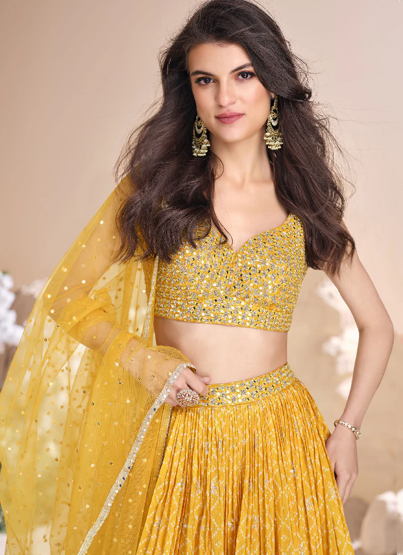 Haldi Special Jacquard Silk Bandhani Printed Yellow Lehenga Choli - Image 2