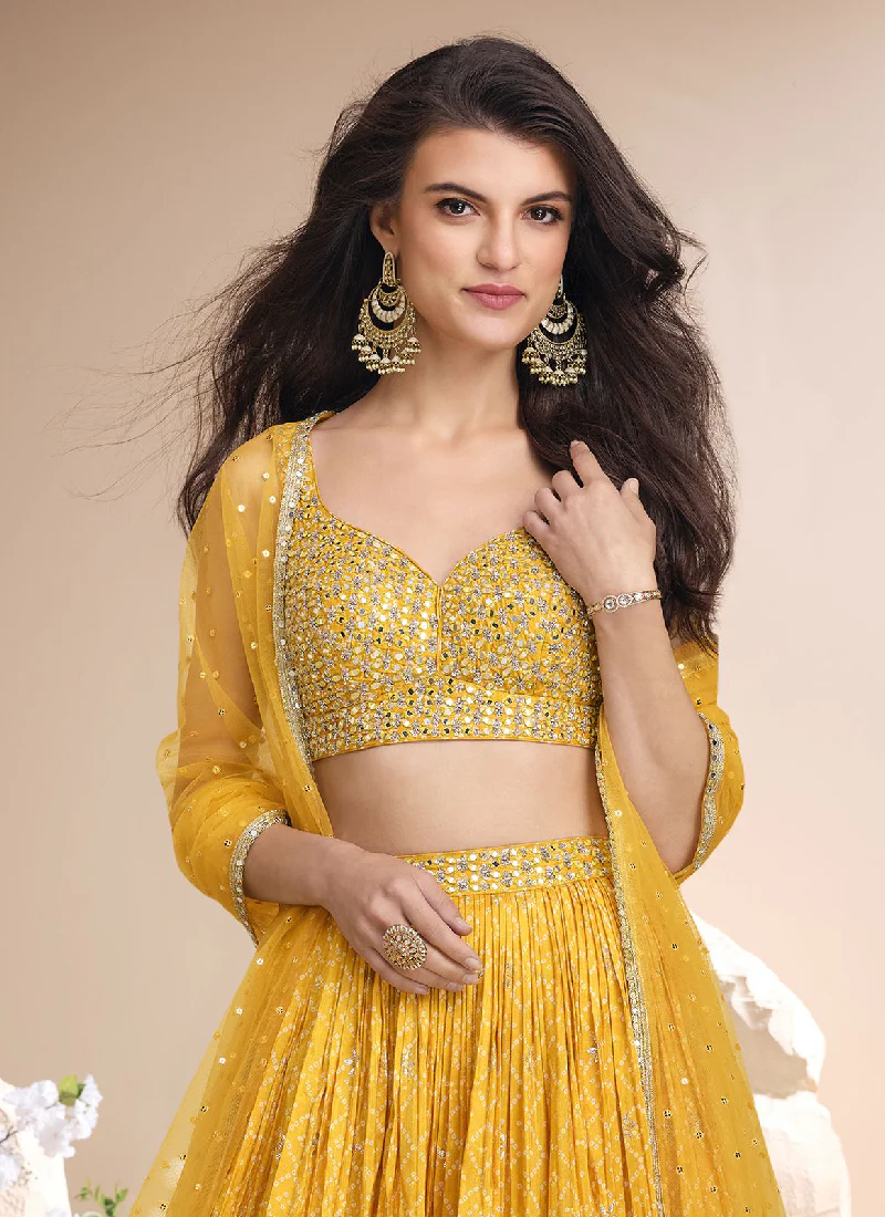 Haldi Special Jacquard Silk Bandhani Printed Yellow Lehenga Choli - Image 3