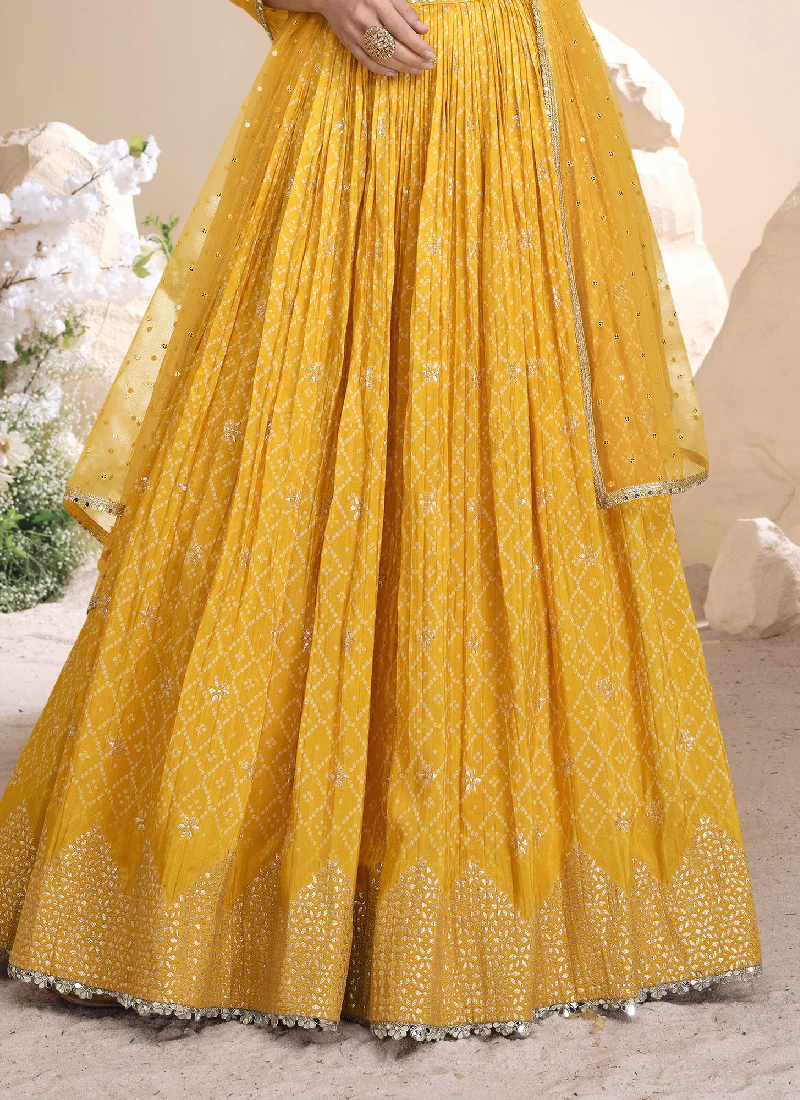 Haldi Special Jacquard Silk Bandhani Printed Yellow Lehenga Choli - Image 4