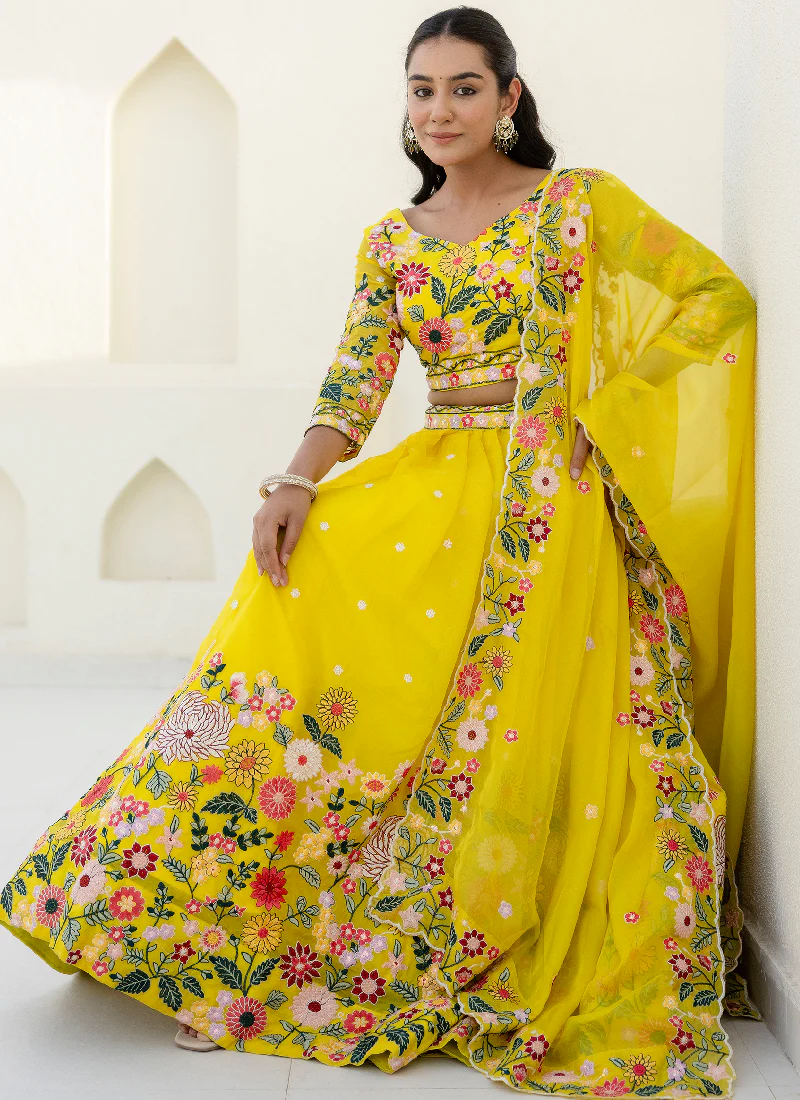 Haldi Special Yellow Floral Thread Embroidered Work Organza Lehenga - Image 10