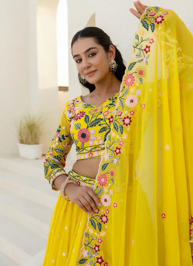 Haldi Special Yellow Floral Thread Embroidered Work Organza Lehenga - Image 11