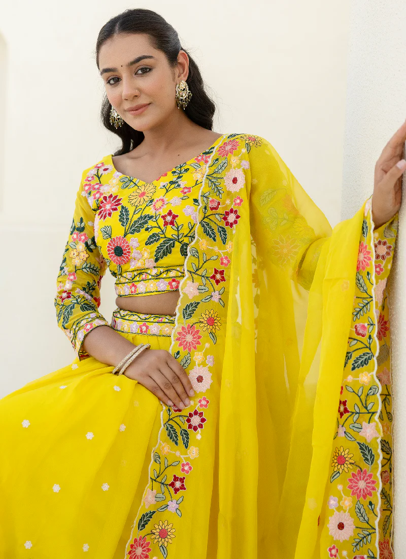 Haldi Special Yellow Floral Thread Embroidered Work Organza Lehenga - Image 12