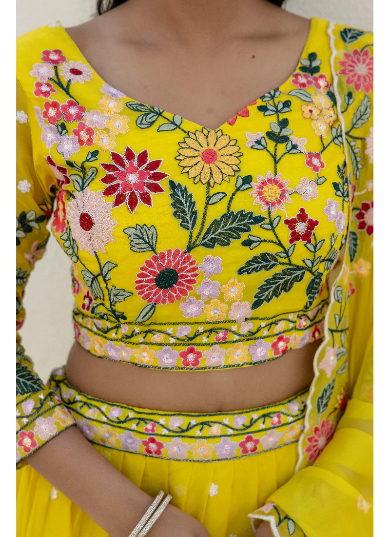 Haldi Special Yellow Floral Thread Embroidered Work Organza Lehenga - Image 13