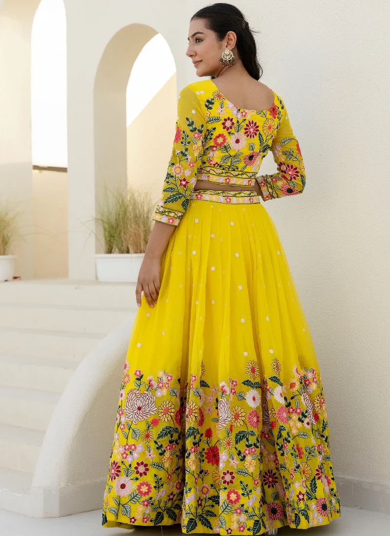Haldi Special Yellow Floral Thread Embroidered Work Organza Lehenga - Image 14