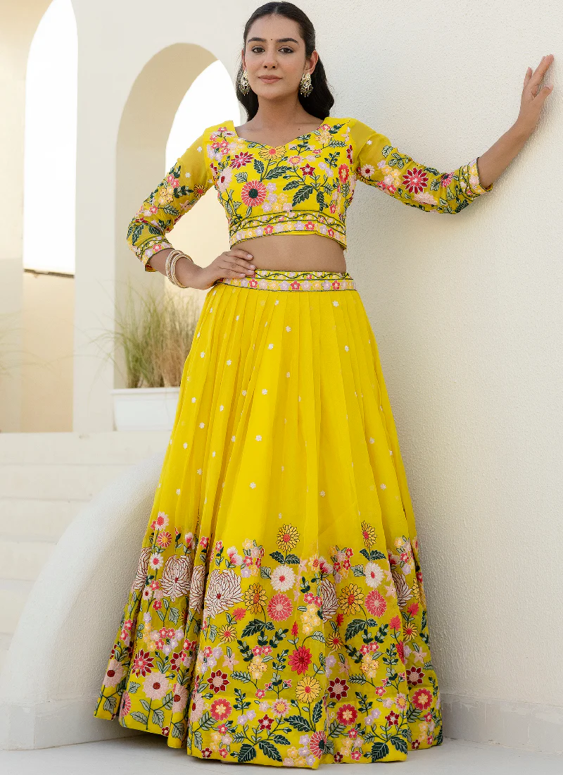 Haldi Special Yellow Floral Thread Embroidered Work Organza Lehenga - Image 3