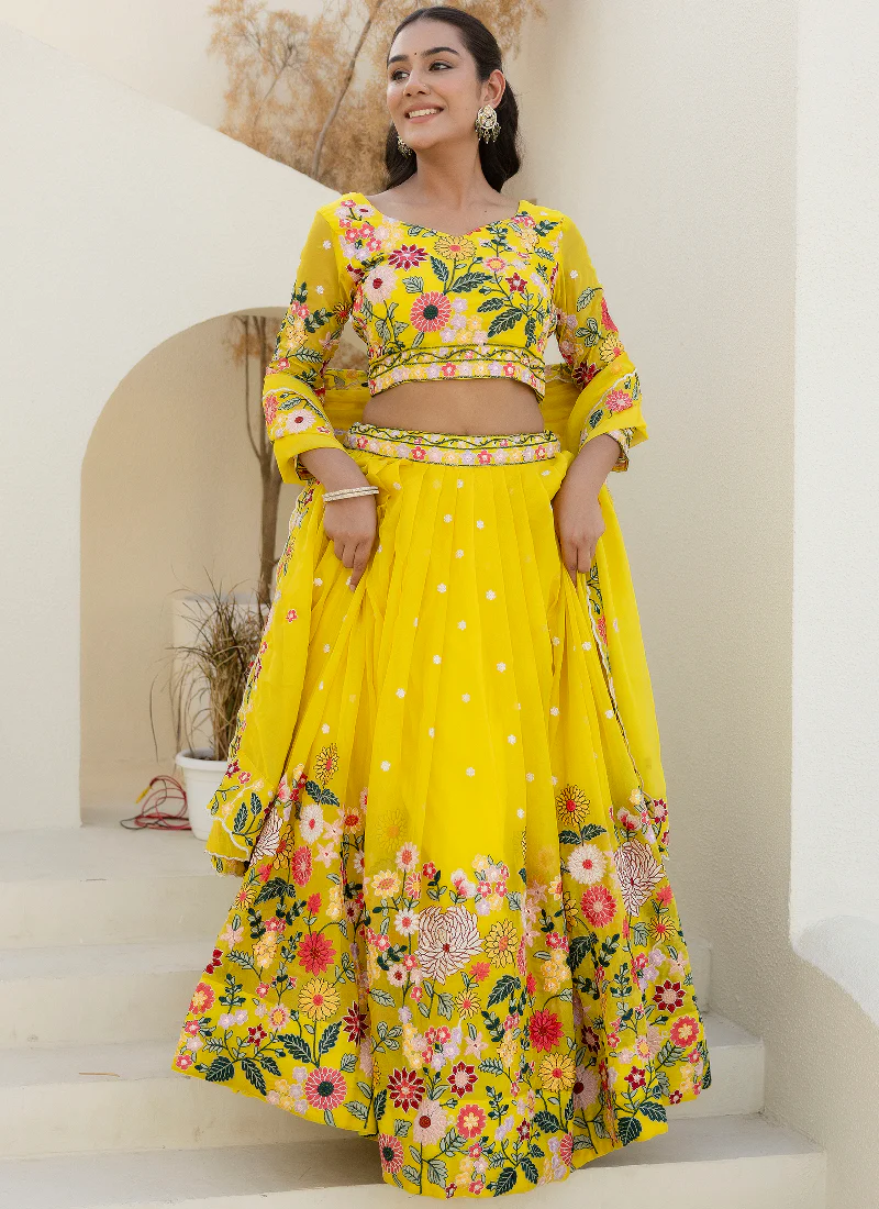 Haldi Special Yellow Floral Thread Embroidered Work Organza Lehenga - Image 4