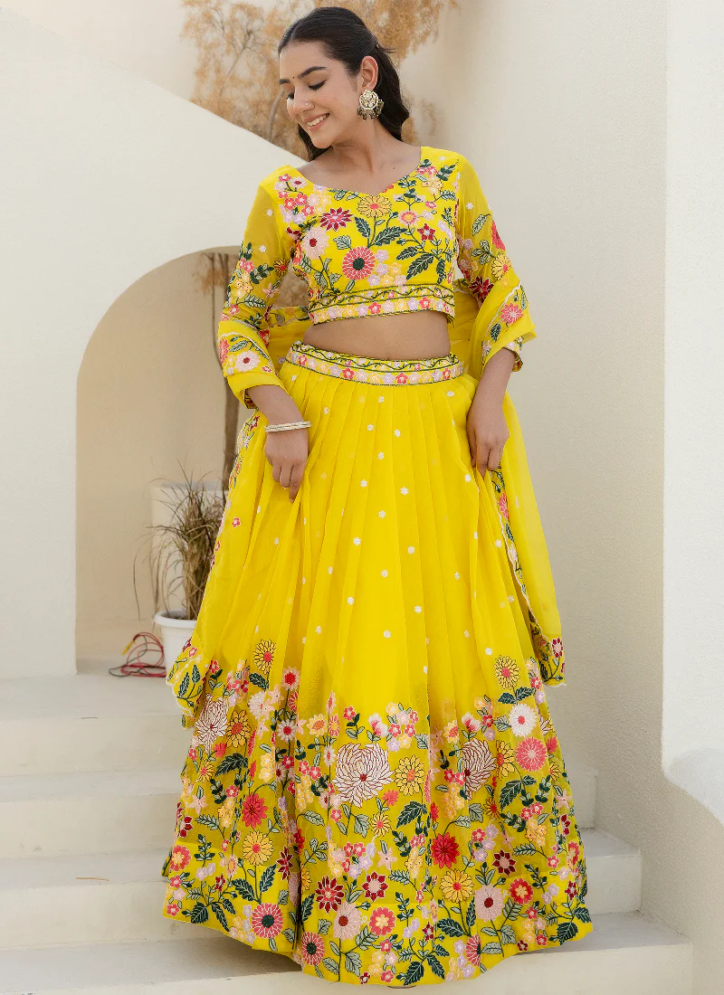 Haldi Special Yellow Floral Thread Embroidered Work Organza Lehenga - Image 5