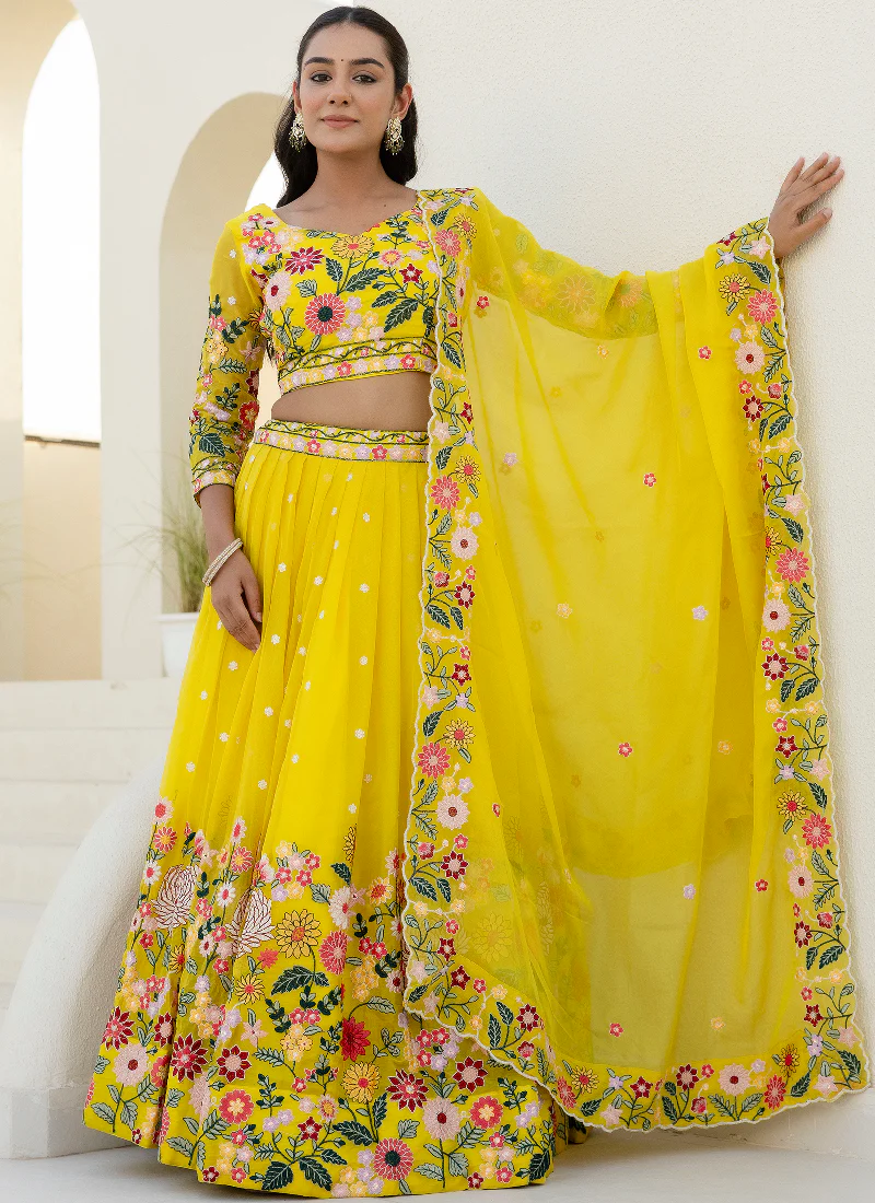 Haldi Special Yellow Floral Thread Embroidered Work Organza Lehenga - Image 7