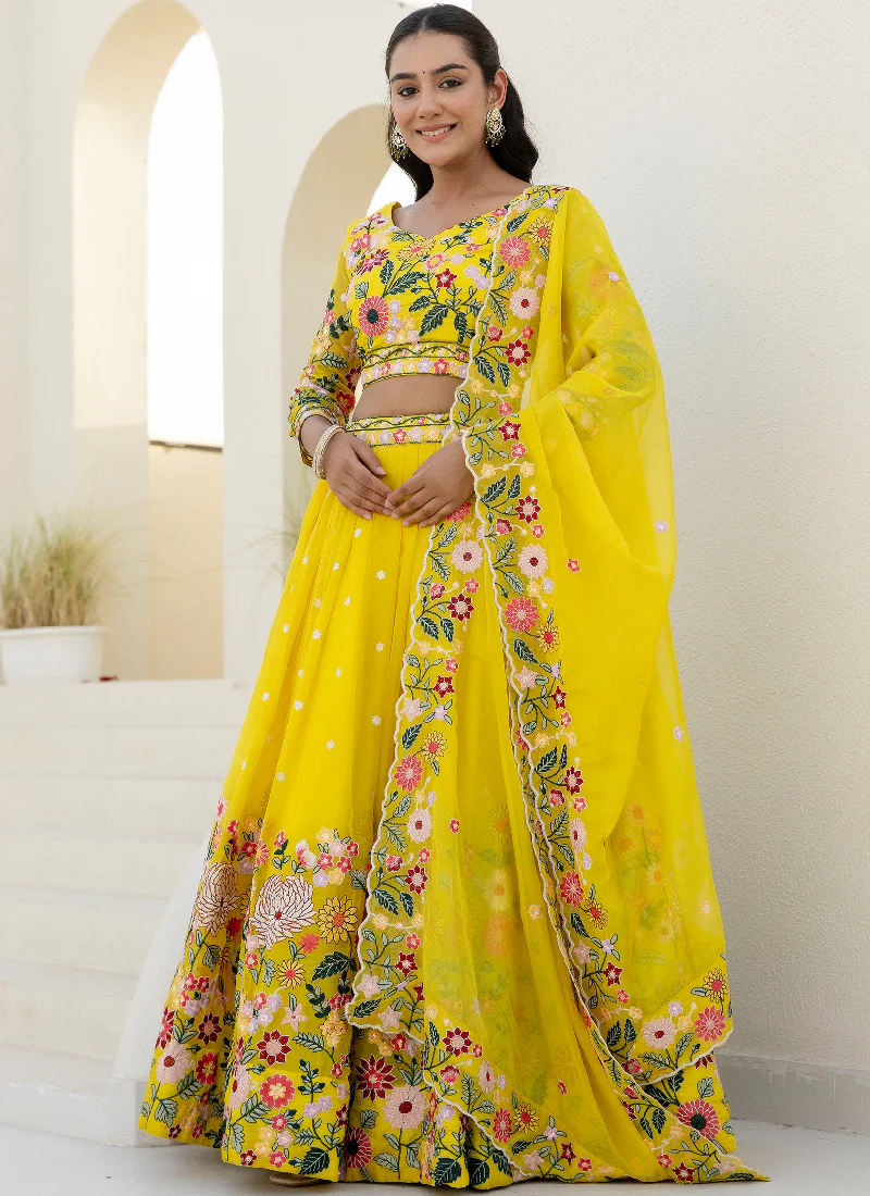 Haldi Special Yellow Floral Thread Embroidered Work Organza Lehenga - Image 8