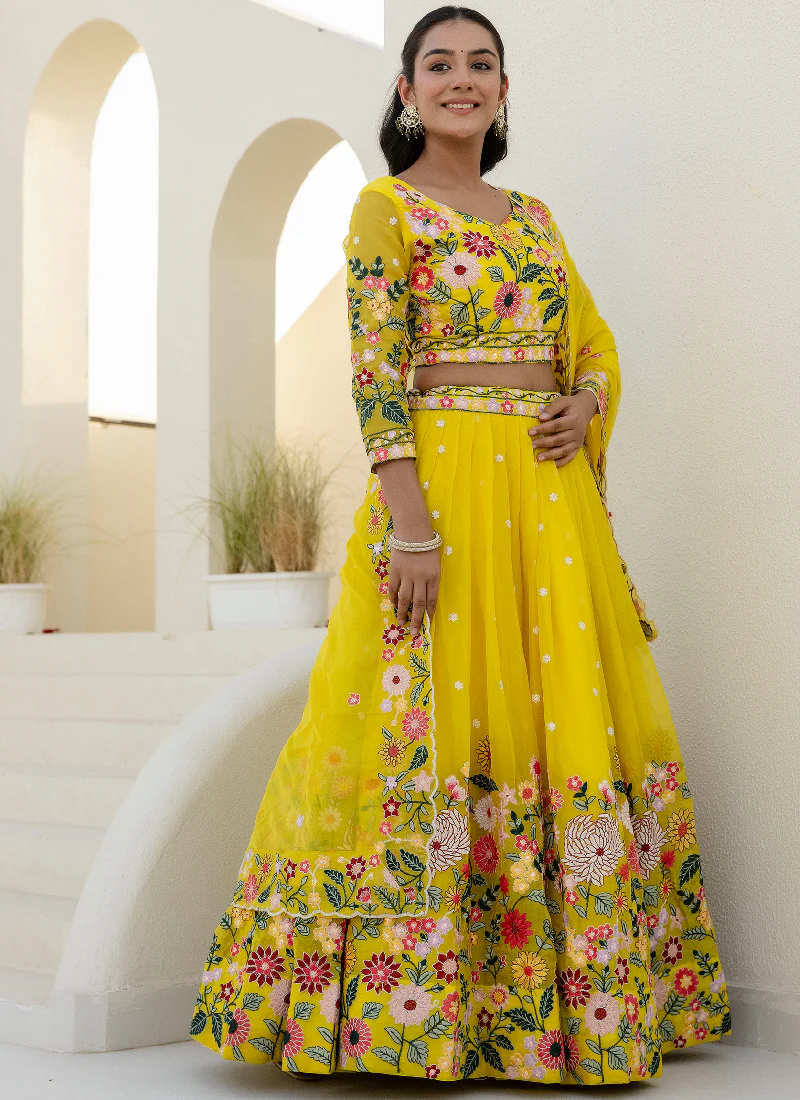 Haldi Special Yellow Floral Thread Embroidered Work Organza Lehenga - Image 9