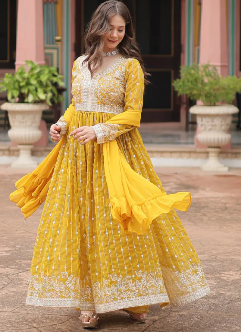Haldi Special Yellow Georgette Sequence Embroidered Work Kurti Palazzo - Image 3