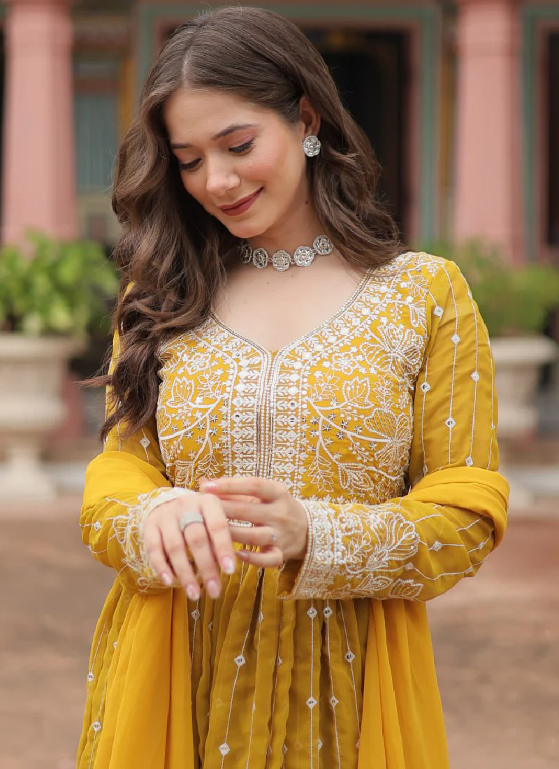 Haldi Special Yellow Georgette Sequence Embroidered Work Kurti Palazzo - Image 4