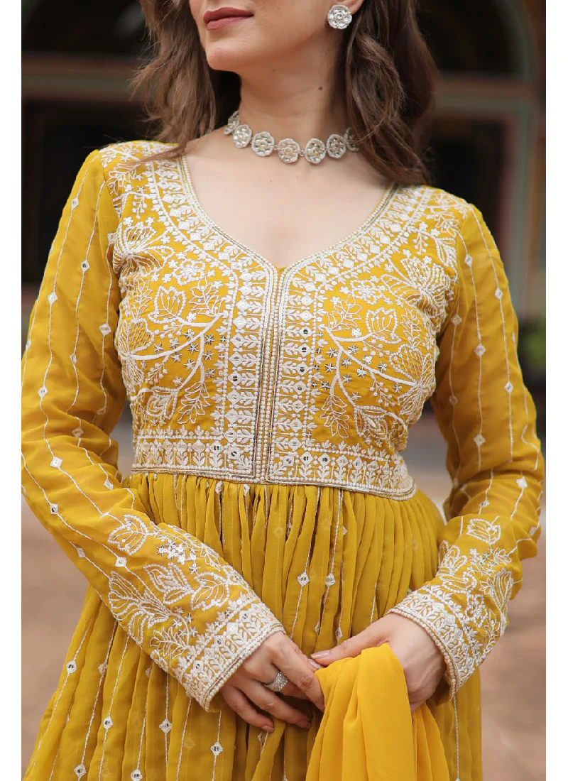 Haldi Special Yellow Georgette Sequence Embroidered Work Kurti Palazzo - Image 5