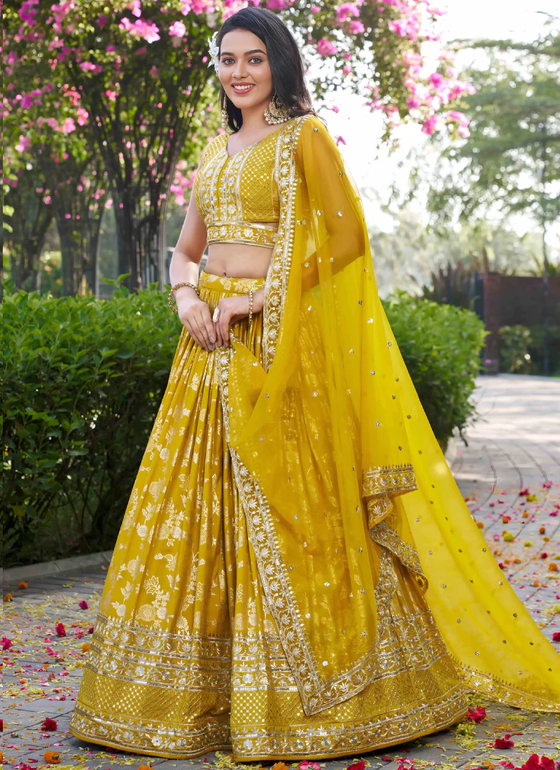Haldi Special Zari Weaving Embroidery Jacquard Yellow Lehenga Choli - Image 3