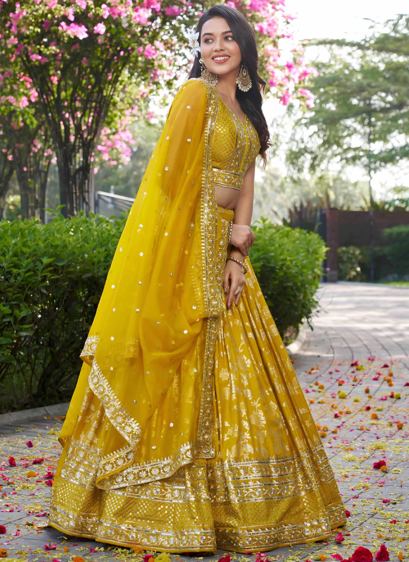 Haldi Special Zari Weaving Embroidery Jacquard Yellow Lehenga Choli - Image 4