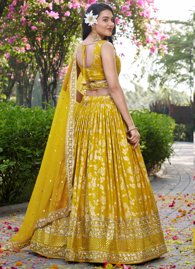 Haldi Special Zari Weaving Embroidery Jacquard Yellow Lehenga Choli - Image 5
