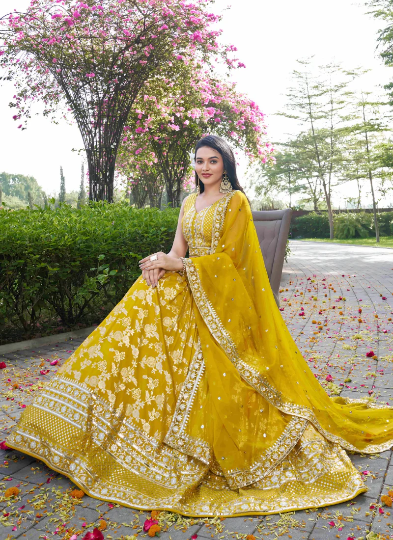 Haldi Special Zari Weaving Embroidery Jacquard Yellow Lehenga Choli - Image 6