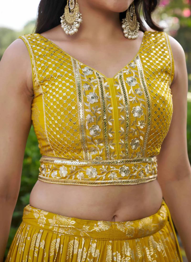 Haldi Special Zari Weaving Embroidery Jacquard Yellow Lehenga Choli - Image 7