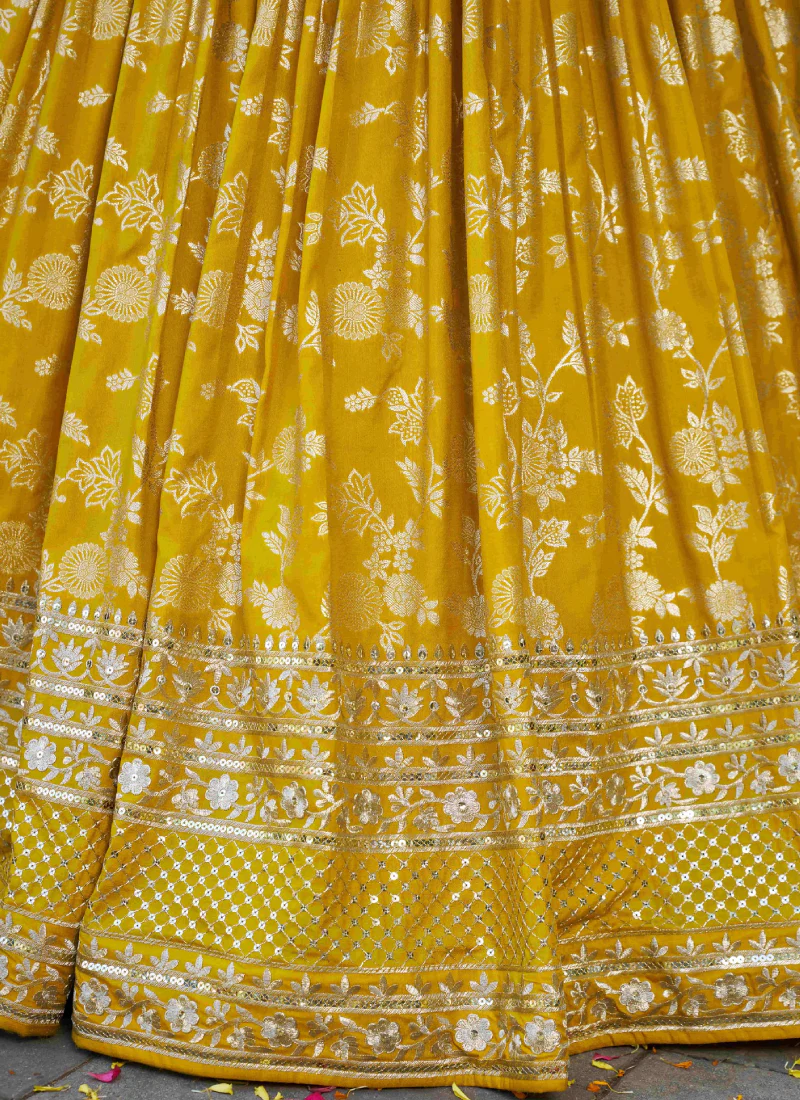 Haldi Special Zari Weaving Embroidery Jacquard Yellow Lehenga Choli - Image 8