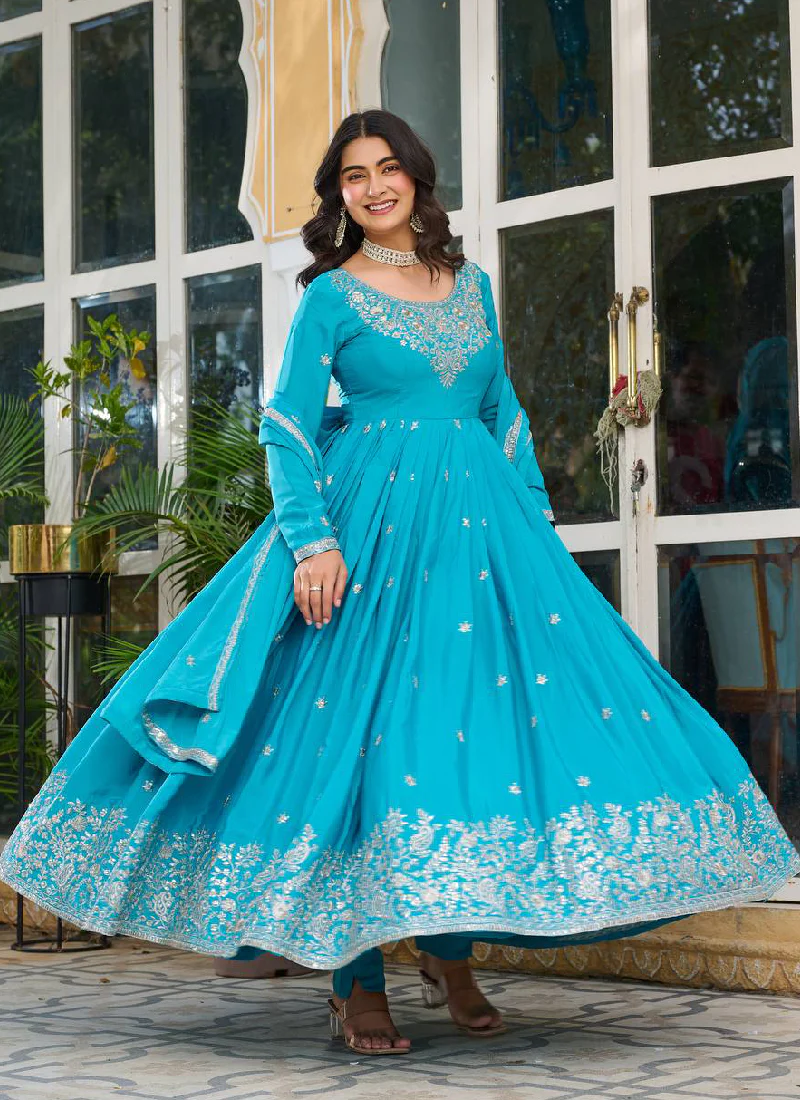 Heavy Embroidered Sky Blue American Silk Designer Anarkali Gown - Image 3
