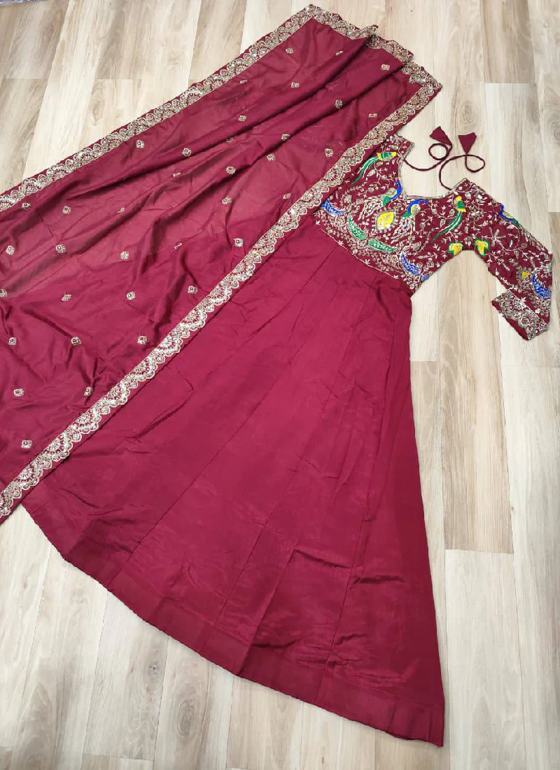 Heavy Embroidered Vichitra Silk Ready To Wear Maroon Gown With Dupatta - Image 11