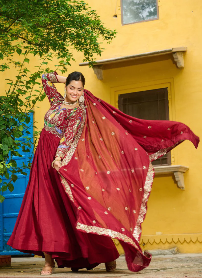 Heavy Embroidered Vichitra Silk Ready To Wear Maroon Gown With Dupatta - Image 3