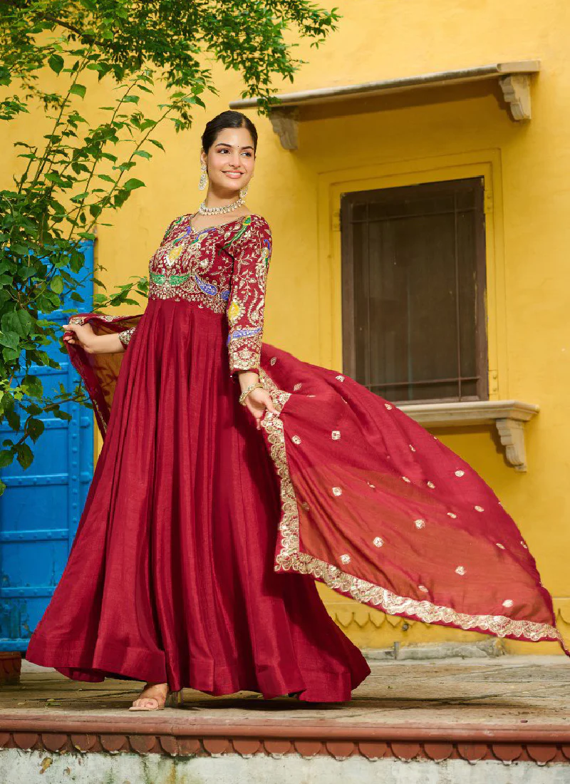 Heavy Embroidered Vichitra Silk Ready To Wear Maroon Gown With Dupatta - Image 4