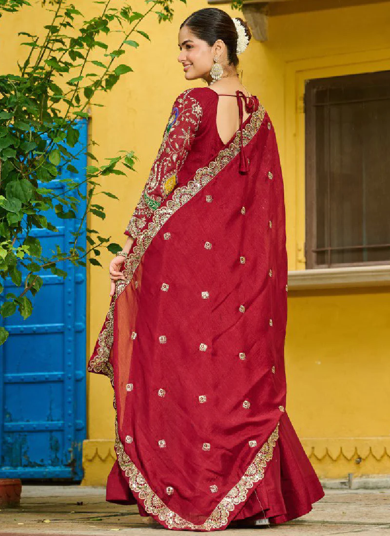 Heavy Embroidered Vichitra Silk Ready To Wear Maroon Gown With Dupatta - Image 6