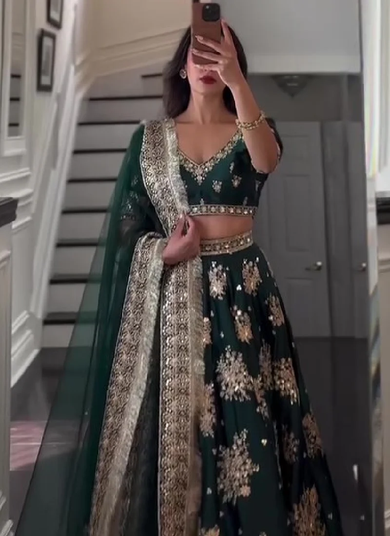 Heavy Embroidered Work French Crepe Green Bridal Lehenga Choli - Image 3
