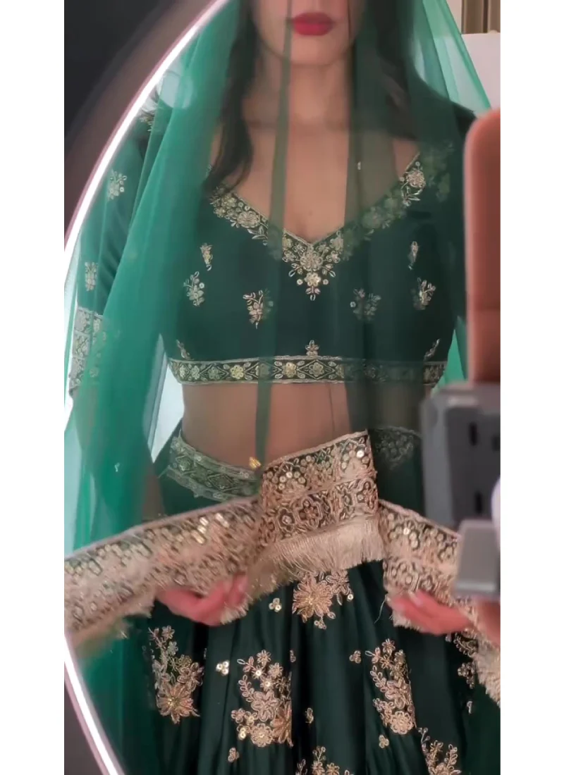 Heavy Embroidered Work French Crepe Green Bridal Lehenga Choli - Image 5