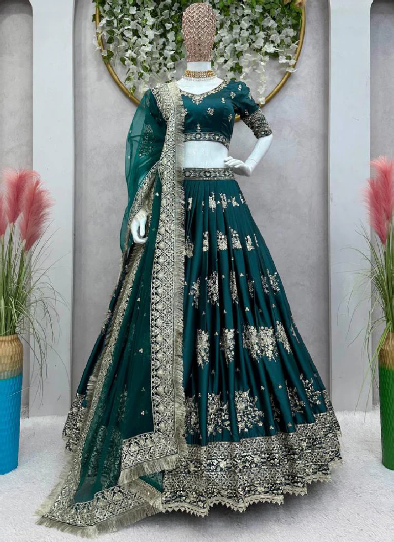 Heavy Embroidered Work French Crepe Green Bridal Lehenga Choli - Image 6