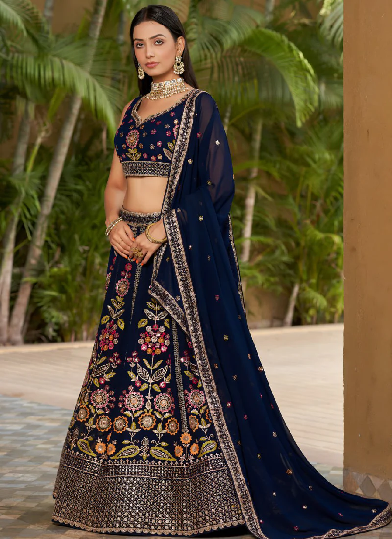 Heavy Multi Thread Embroidered Work Georgette Navy Blue Lehenga Choli