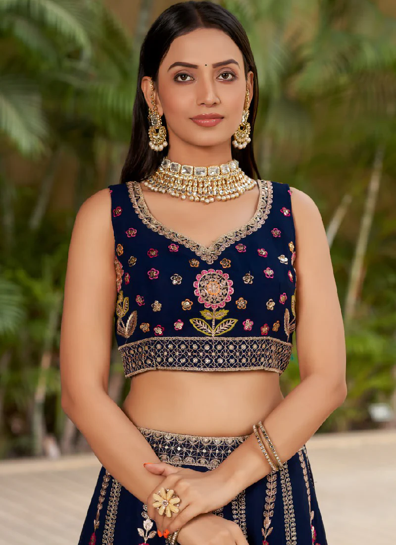 Heavy Multi Thread Embroidered Work Georgette Navy Blue Lehenga Choli - Image 2
