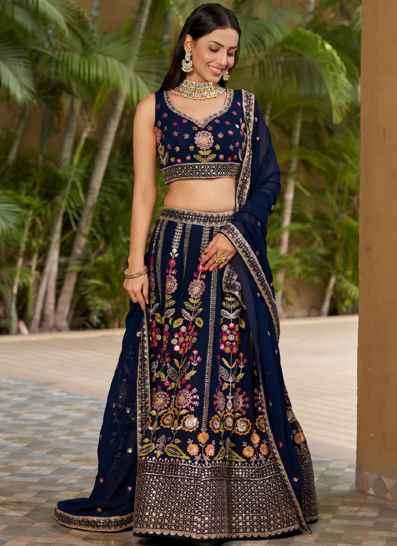 Heavy Multi Thread Embroidered Work Georgette Navy Blue Lehenga Choli - Image 3