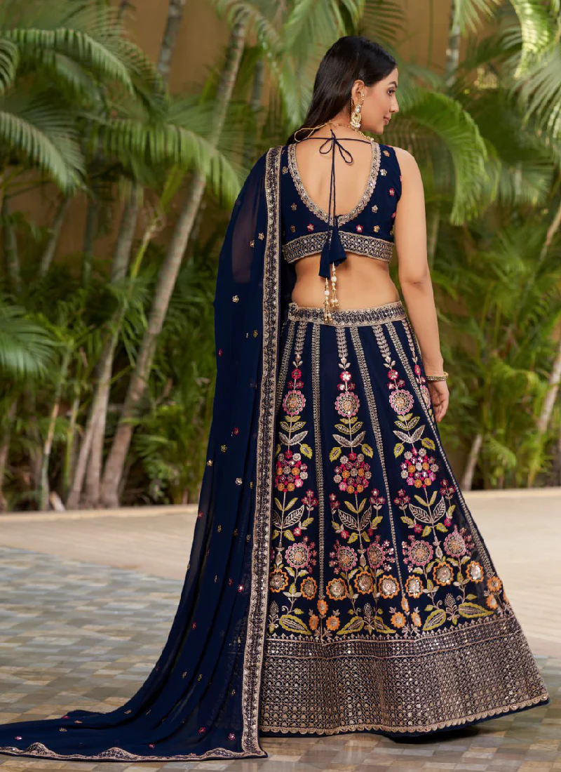 Heavy Multi Thread Embroidered Work Georgette Navy Blue Lehenga Choli - Image 4