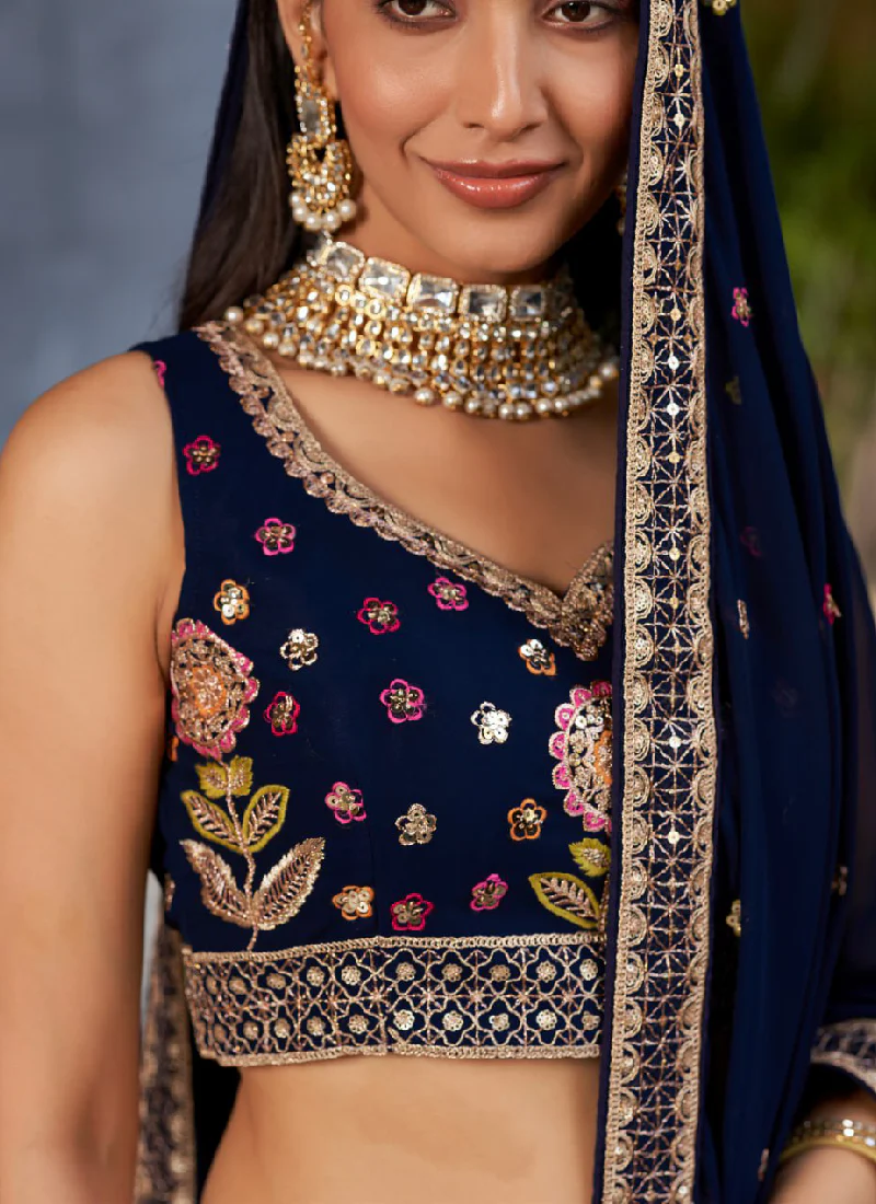 Heavy Multi Thread Embroidered Work Georgette Navy Blue Lehenga Choli - Image 5