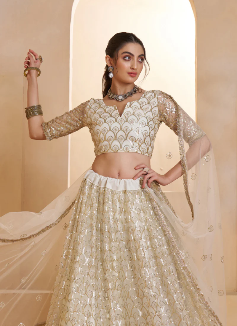 Heavy Sequence Embroidered Off White Wedding Wear Net Lehenga Choli - Image 2