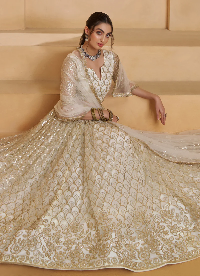 Heavy Sequence Embroidered Off White Wedding Wear Net Lehenga Choli - Image 4
