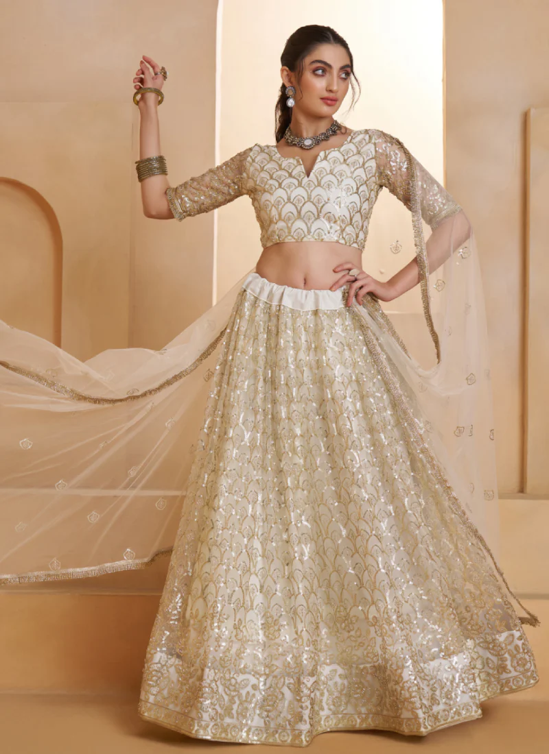 Heavy Sequence Embroidered Off White Wedding Wear Net Lehenga Choli - Image 5