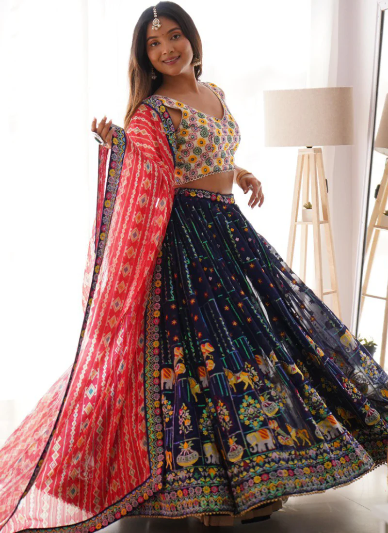 Heavy Thread Embroidered Georgette Navy Blue Wedding Lehenga Choli - Image 3