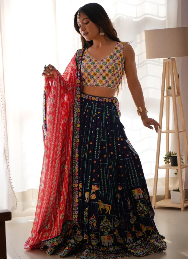 Heavy Thread Embroidered Georgette Navy Blue Wedding Lehenga Choli - Image 5